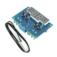 معرفی ماژول ترموستات دما دیجیتال 12 ولت DC مدل XH-W1401 ماژول ترموستات XH-W1401 یک کنترل کننده دما با ولتاژ تغذیه 9 تا 12 ولت است که میتواند در رنج دمای 9- تا 99 درجه سانتی گراد کار کند. این ترموستات دارای رله قطع و وصل خروجی بوده که میتواند برای کنترل دمای گلخانه ها و سیستم های تهویه استفاده شود. روی پنل این ماژول سه نمایشگر سون سگمنت قرار دارد، که به ترتیب از چپ به راست، نشان دهنده دمای آغازین، دمای فعلی محیط و دمای پایانی می باشند. دمای آغازین: دمایی که در آن ماژول واکنش داده و اتصال رله را متصل می کند. دمای پایانی: دمایی که در آن واکنش تمام شده و اتصال رله قطع می شود. مد سرمایشی: چنانچه دمای آغازین از دمای پایانی بیشتر باشد، این ماژول در مد سرمایشی تنظیم می شود. نحوه عملکرد بدین صورت است که با افزایش دما هنگامی که دمای محیط از دمای آغازین بیشتر شود، ماژول واکنش داده و رله متصل می شود و تجهیز سرمایشی را روشن می کند. با افت دمای محیط و رسیدن آن به دمای پایانی، واکنش به پایان رسیده و رله قطع می شود. مد گرمایشی: چنانچه دمای آغازین از دمای پایانی کمتر باشد، این ماژول در مد گرمایشی تنظیم می شود. نحوه عملکرد بدین صورت است که با کاهش دما هنگامی که دمای محیط از دمای آغازین کمتر شود، ماژول واکنش داده و رله متصل می شود و تجهیز گرمایشی را روشن می کند. با افزایش دمای محیط و رسیدن آن به دمای پایانی، واکنش به پایان رسیده و رله قطع می شود. محدوده ترموستات: -9 ~ 99 درجه سانتی‌گراد دقت: 1 درجه سانتی‌گراد نرخ تازه‌سازی: 0.5 ثانیه منبع تغذیه : DC 12 ولت خروجی: 1 خروجی رله، ظرفیت = 10 آمپر اندازه: 78 * 51 میلیمتر